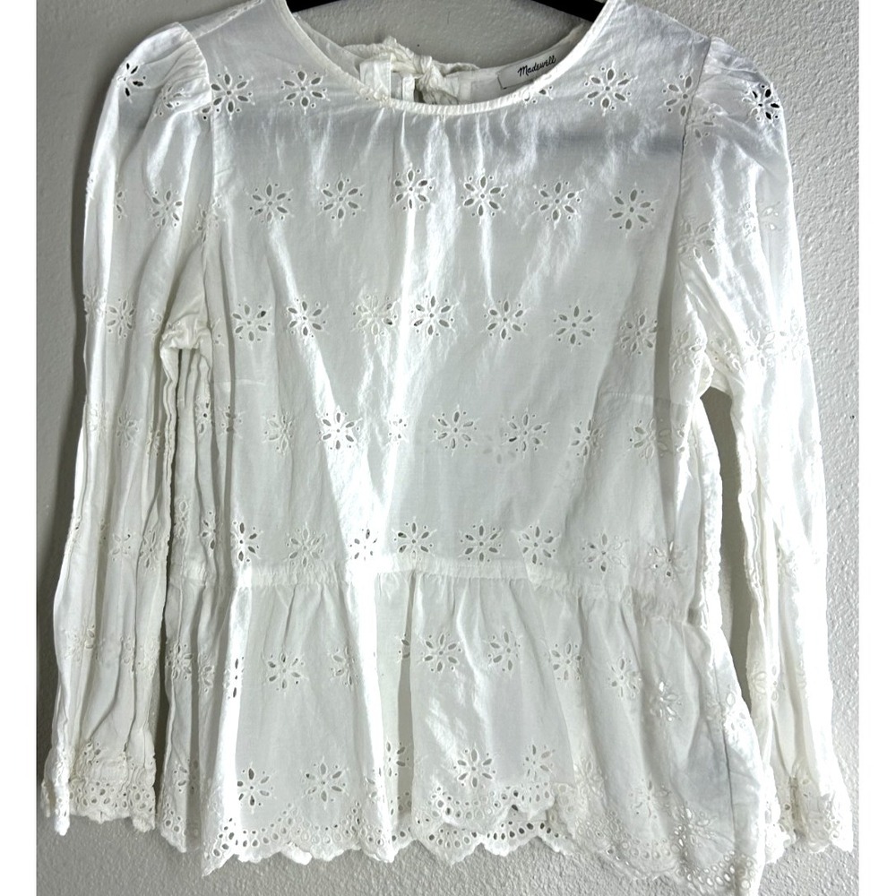 Madewell White Eyelet Summer Popover Top Scalloped Hem Cotton Boho Peasant SMALL